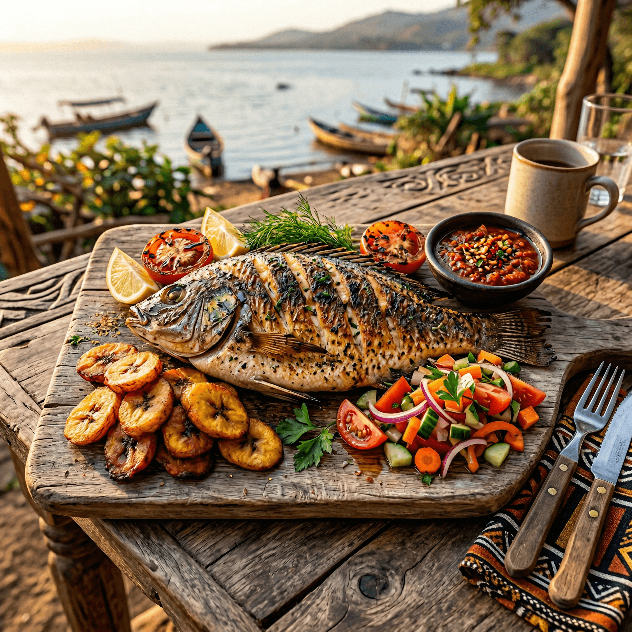 Grilled Lake Tanganyika tilapia served with fried plantains, fresh vegetables, and spicy sauce at Worldbeach Burundi restaurant in Bujumbura
