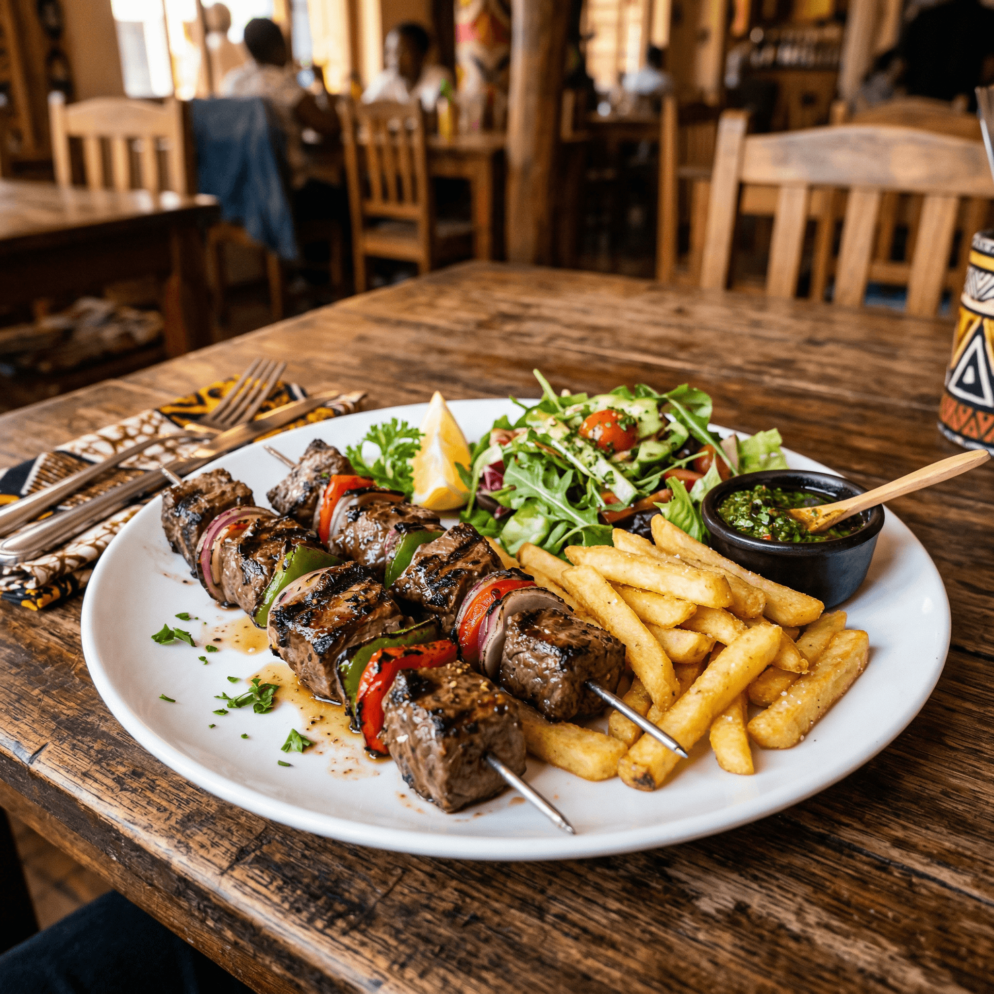Grilled beef brochettes served with crispy fries, fresh salad, and chimichurri sauce at Worldbeach Burundi restaurant in Bujumbura