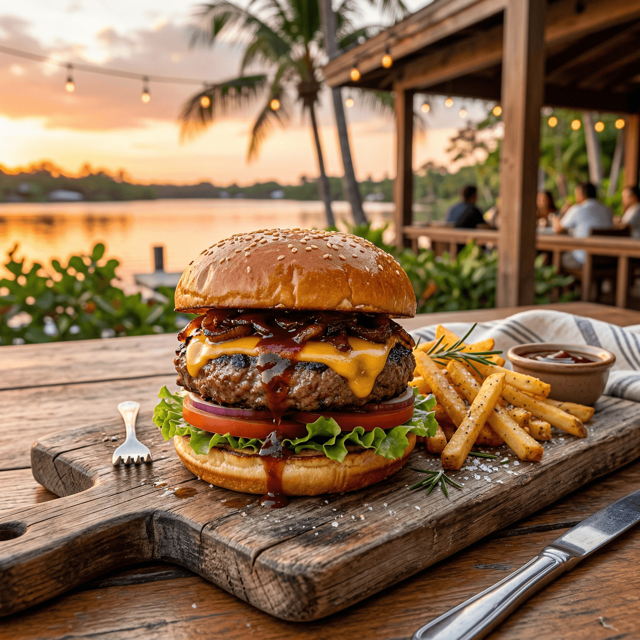 Gourmet beef burger with melted cheese and fries served at sunset at Worldbeach Burundi lakeside restaurant in Bujumbura