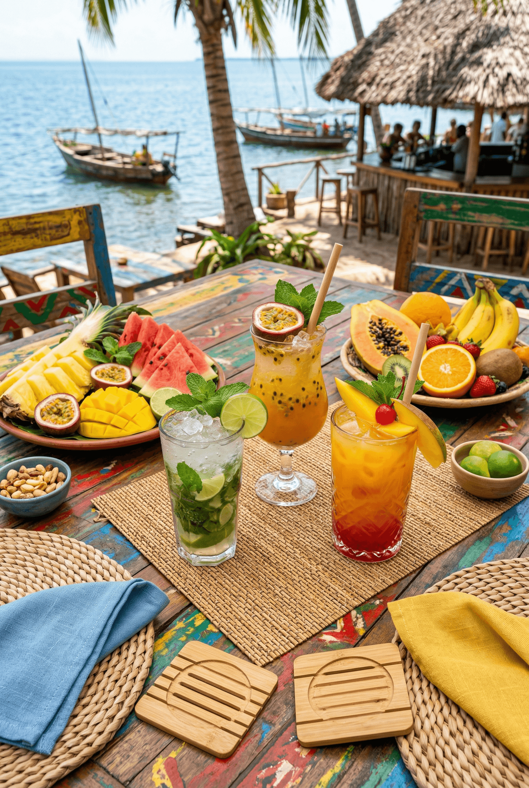Tropical cocktails mojito passion fruit and mango sunrise with fresh fruit platters served lakeside at Worldbeach Burundi bar in Bujumbura with Lake Tanganyika view