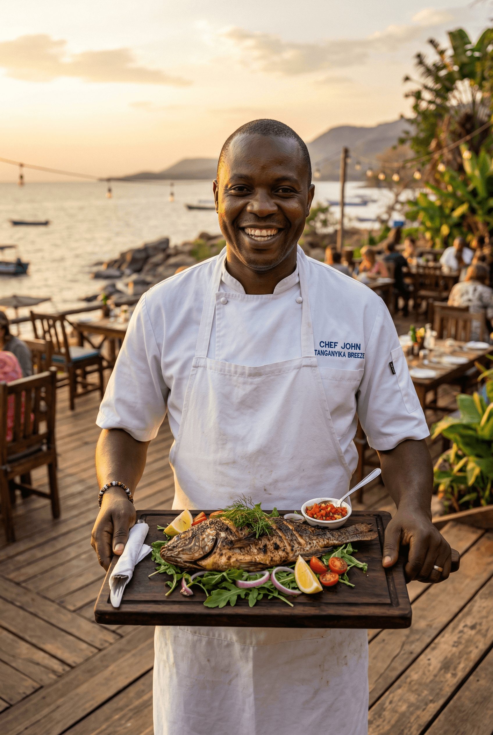 Smiling African chef in white apron presenting grilled whole tilapia on a wooden board at sunset at Worldbeach Burundi lakeside restaurant in Bujumbura with Lake Tanganyika in background