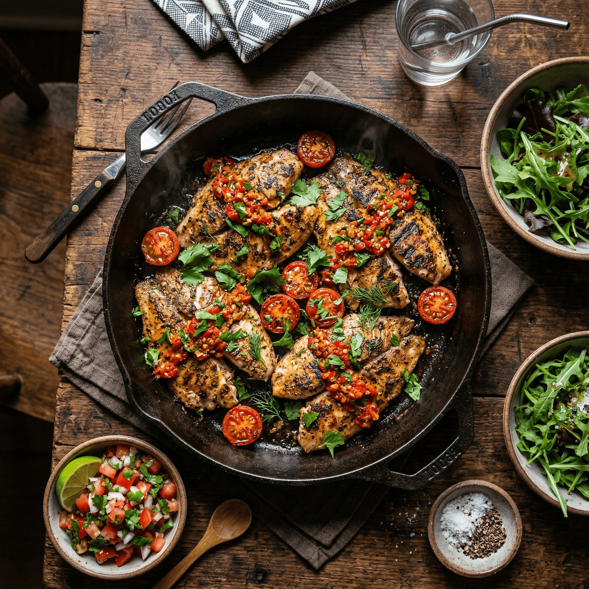 Sizzling cast iron skillet with grilled tilapia pieces, cherry tomatoes, fresh herbs, and spicy sauce on a rustic wooden table at Worldbeach Burundi restaurant in Bujumbura
