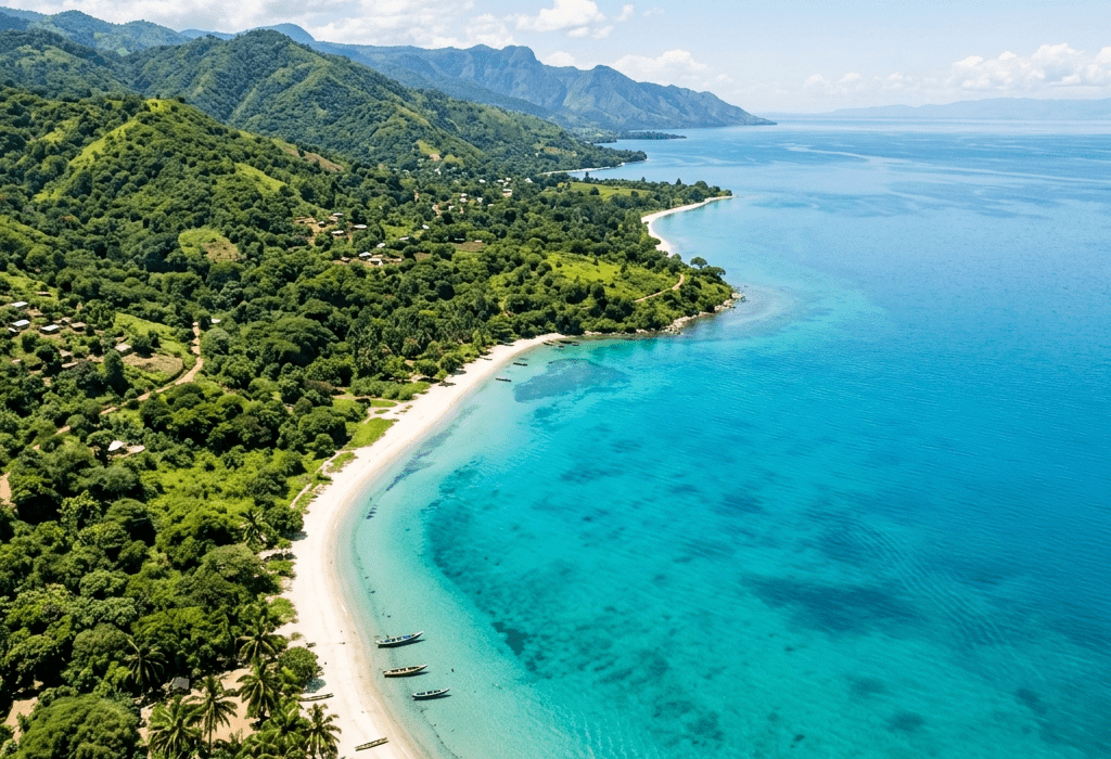 Vue aerienne du Lac Tanganyika Burundi - eaux turquoise, plage et collines vertes, guide touristique