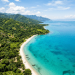 Vue aerienne du Lac Tanganyika Burundi - eaux turquoise, plage et collines vertes, guide touristique