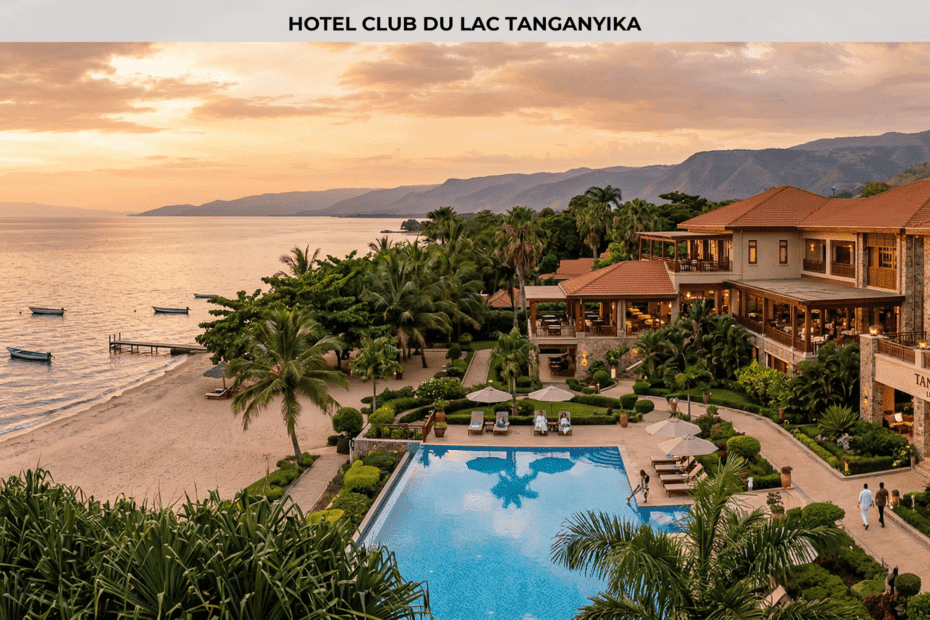 Luxury lakeside hotel with swimming pool and palm trees on the shores of Lake Tanganyika in Bujumbura Burundi — Hotel Club du Lac Tanganyika partner of Worldbeach Burundi