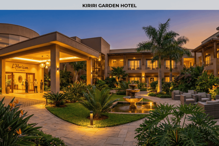 Elegant mid-range hotel with lush tropical garden courtyard and warm ambient lighting in Bujumbura Burundi — Kiriri Garden Hotel partner of Worldbeach Burundi