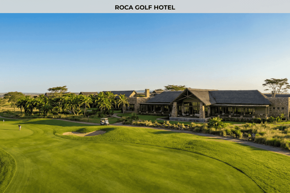 Luxury golf resort with green golf course and elegant clubhouse surrounded by tropical trees in Bujumbura Burundi — Roca Golf Hotel partner of Worldbeach Burundi