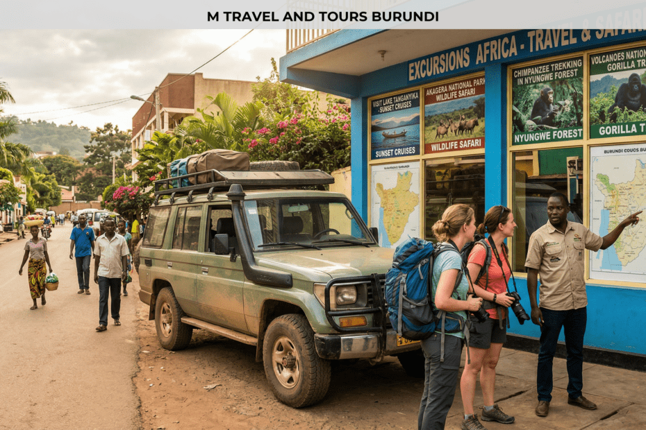 African travel agency with safari vehicle and tourists planning tours in Bujumbura Burundi — M Travel and Tours Burundi partner of Worldbeach Burundi