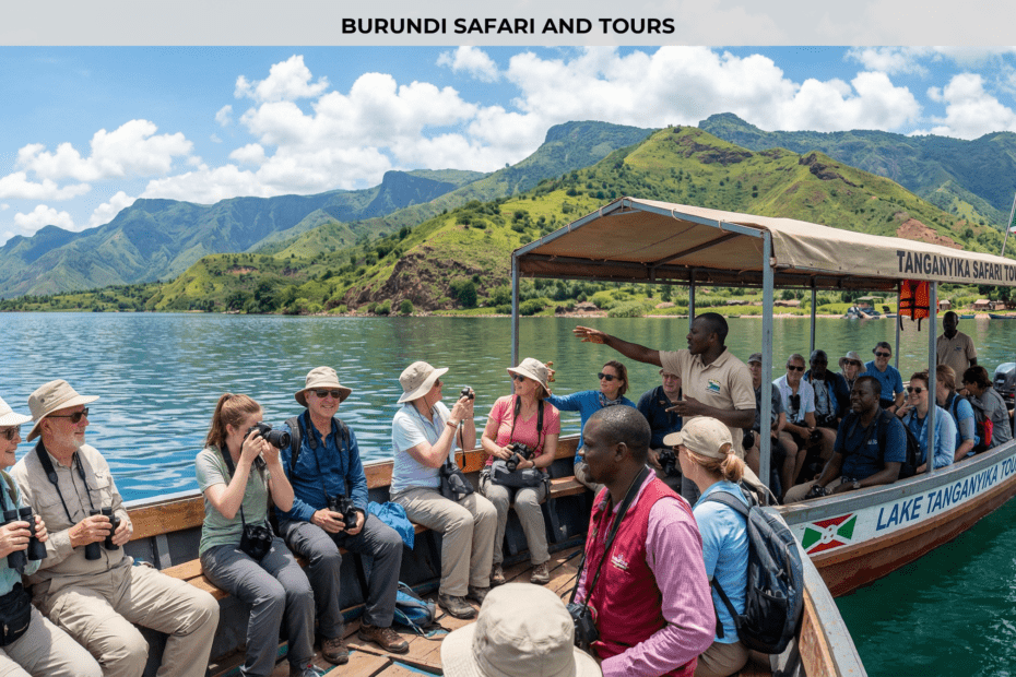 Tourists on a guided boat tour on Lake Tanganyika with green mountains in the background Burundi — Burundi Safari And Tours partner of Worldbeach Burundi