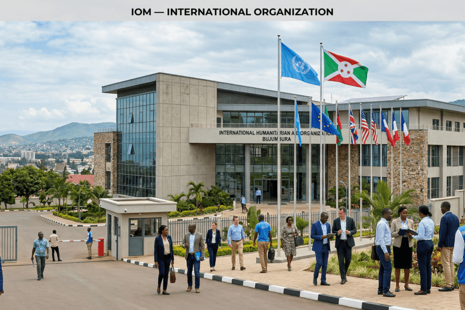 Modern international humanitarian organization office building with flags and diverse team of workers in Bujumbura Burundi — IOM International Organization partner of Worldbeach Burundi