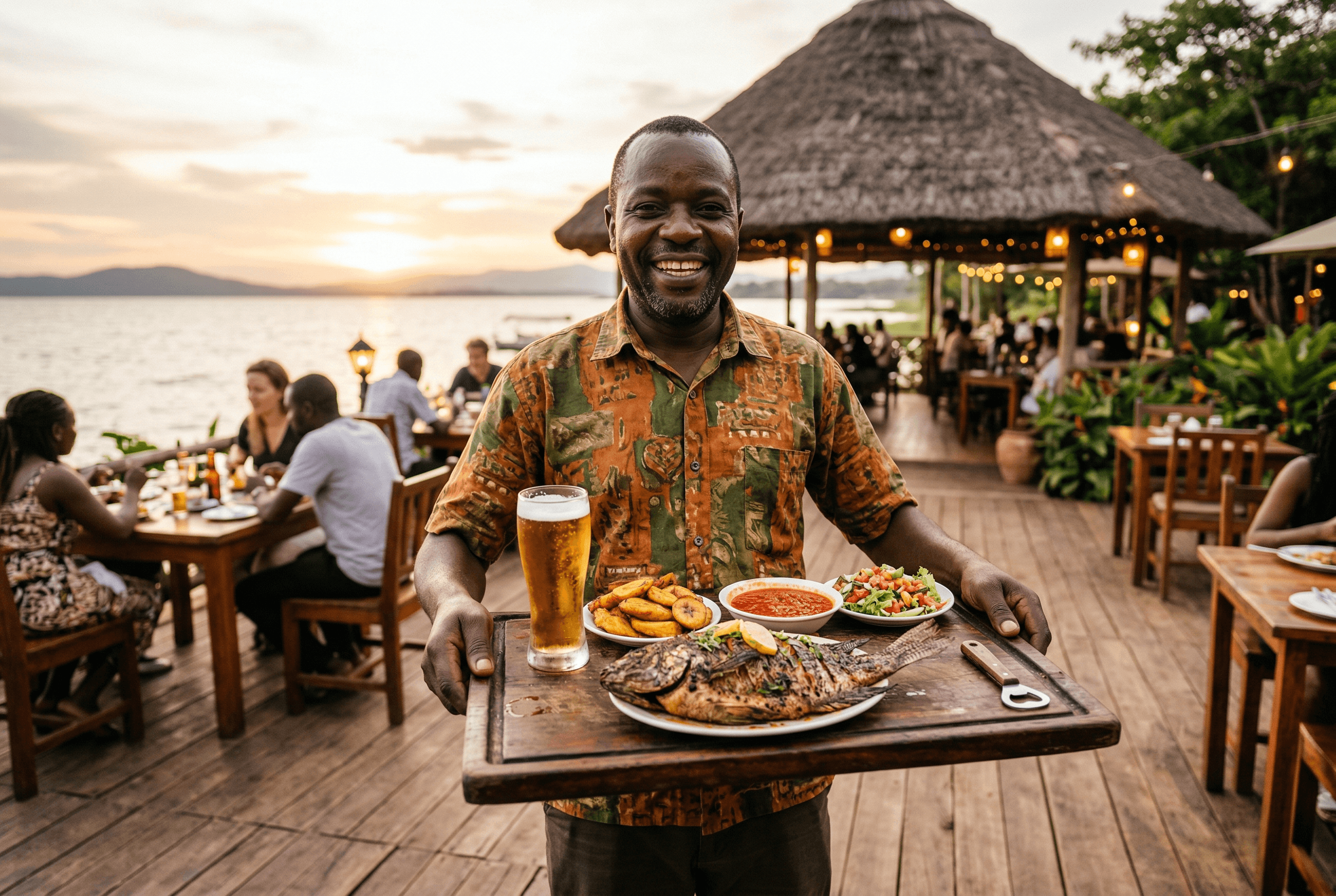 Smiling African man serving grilled tilapia, fried plantains, spicy sauce, and cold beer on a wooden tray at Worldbeach Burundi lakeside restaurant in Bujumbura with Lake Tanganyika sunset
