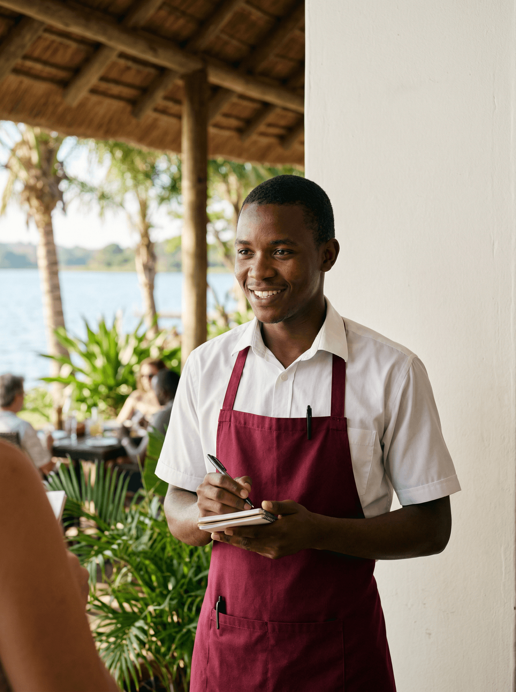 Smiling young African waiter in white shirt and burgundy apron taking an order on a notepad at Worldbeach Burundi lakeside restaurant in Bujumbura with Lake Tanganyika view