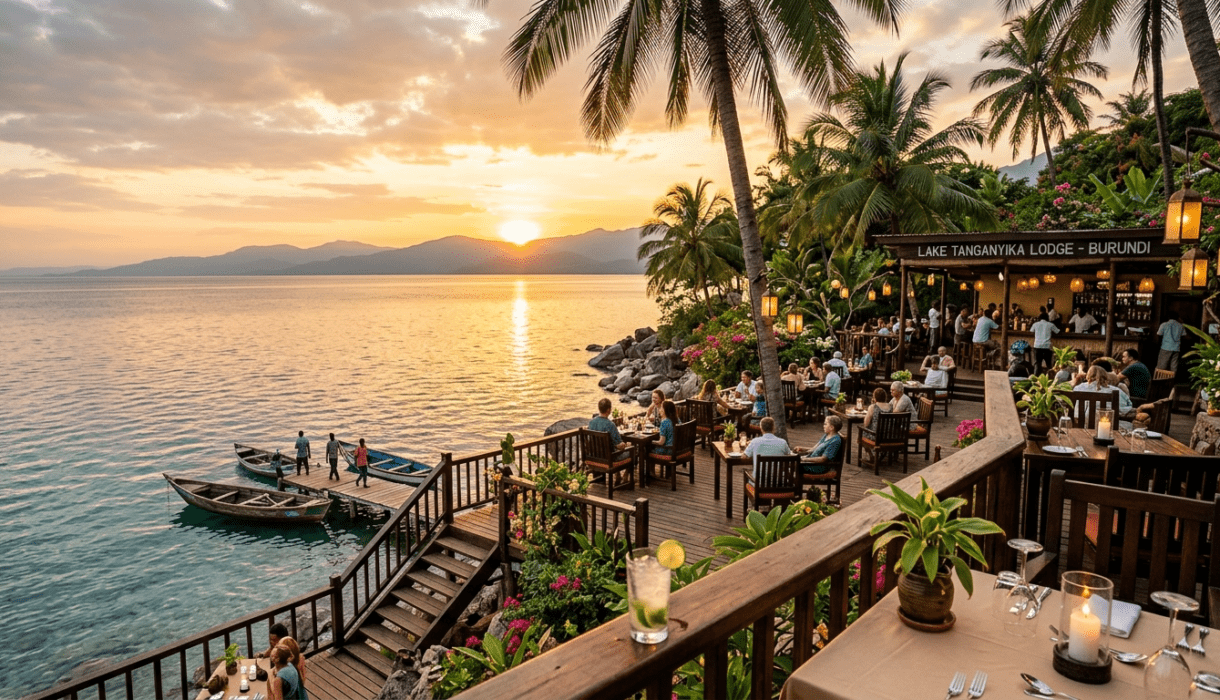 Worldbeach Burundi lakeside restaurant bar on Lake Tanganyika Bujumbura - terrasse au bord du lac avec palmiers