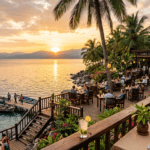 Worldbeach Burundi lakeside restaurant bar on Lake Tanganyika Bujumbura - terrasse au bord du lac avec palmiers
